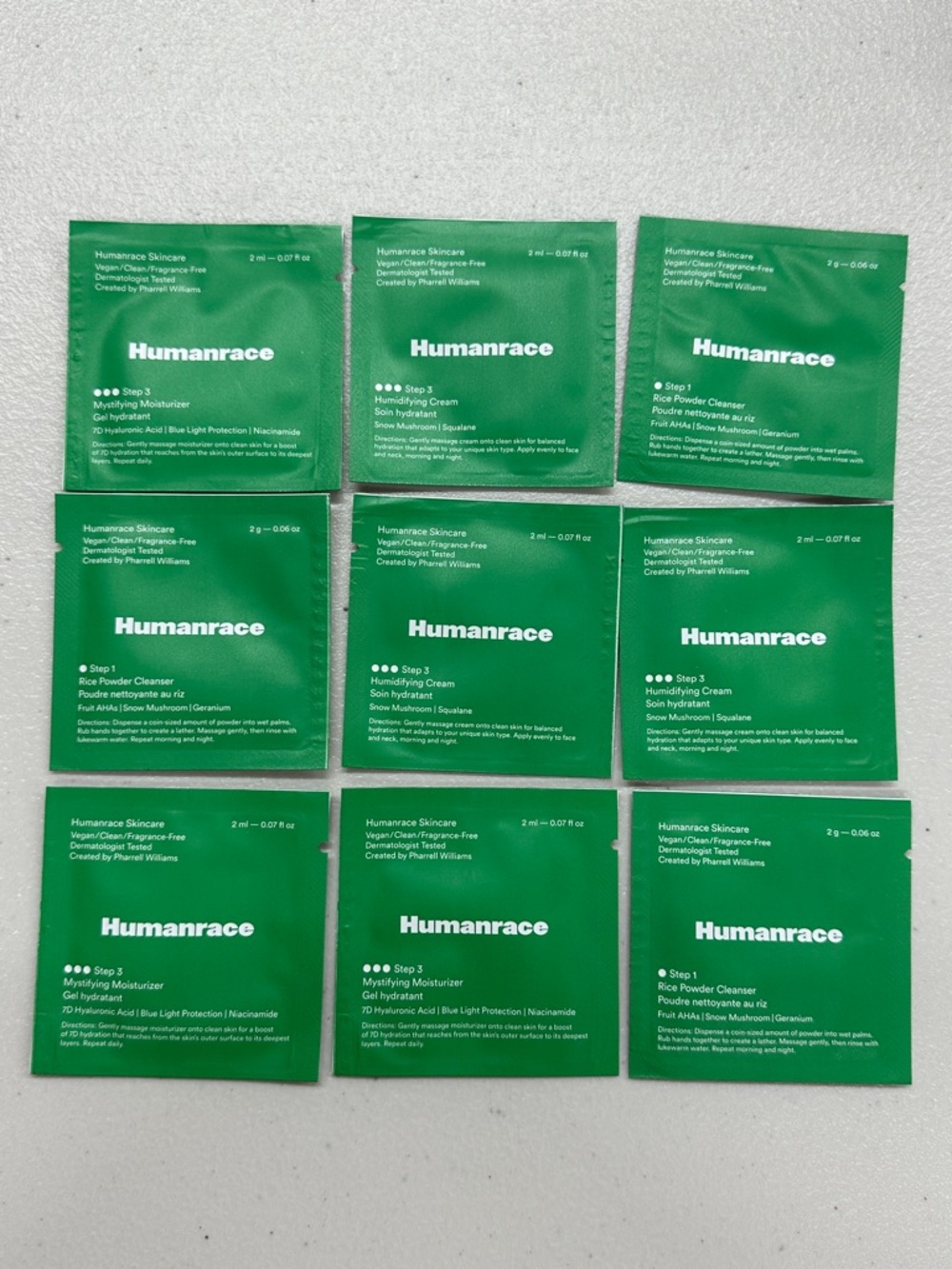 Humanrace Skincare Sample Sachet Set - Green Sachets (9) total-3 step 1/6 step 3